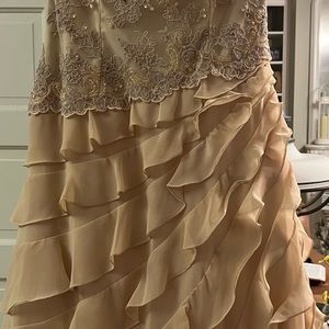 High end evening gown with matching shawl-heavily beaded with ruffled skirt-gold